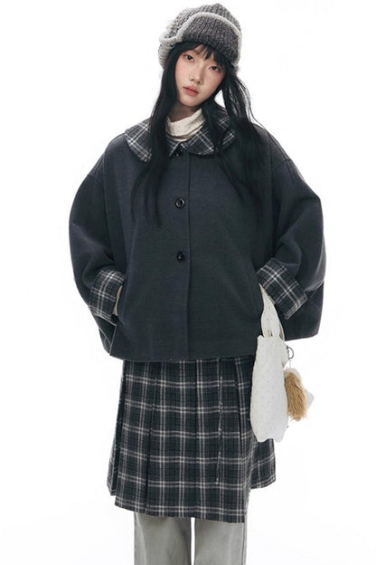 Double Waist Plaid Woolen Pleated Midskirt