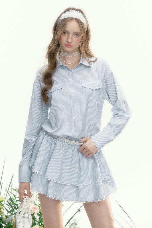 Retro Loose Fit Shirt Dress Set