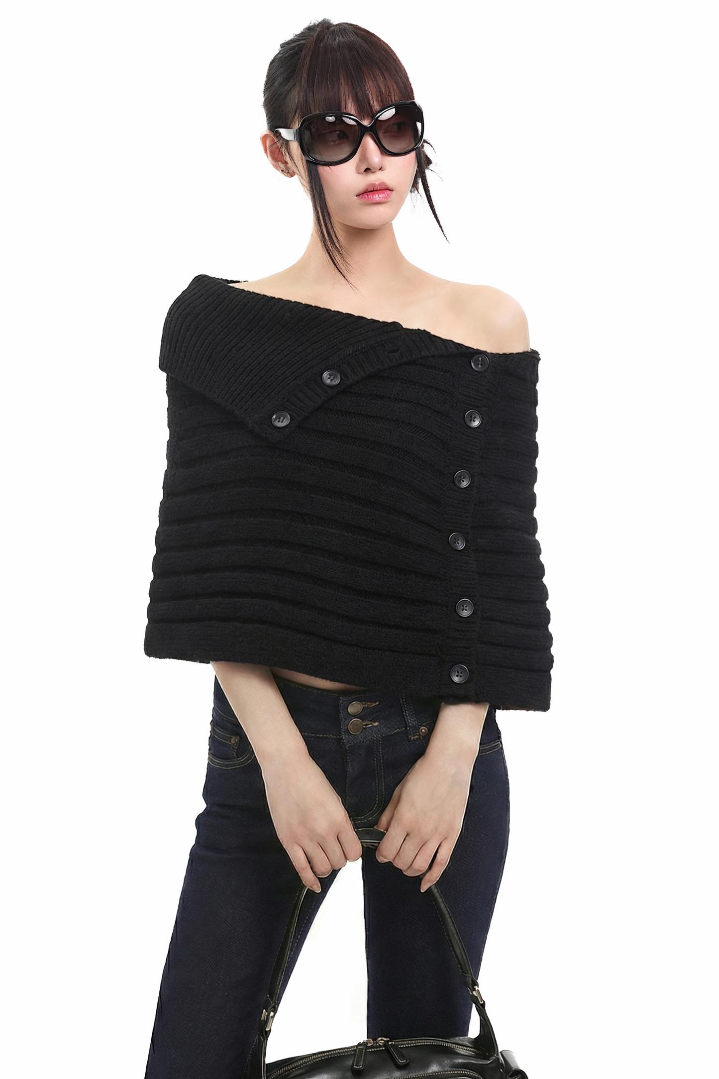 Schwarzer Off-Shoulder Strickpullover