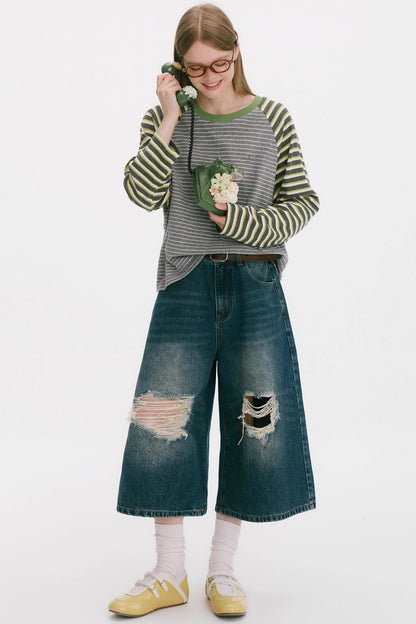 Striped Raglan Sleeve Slim Top