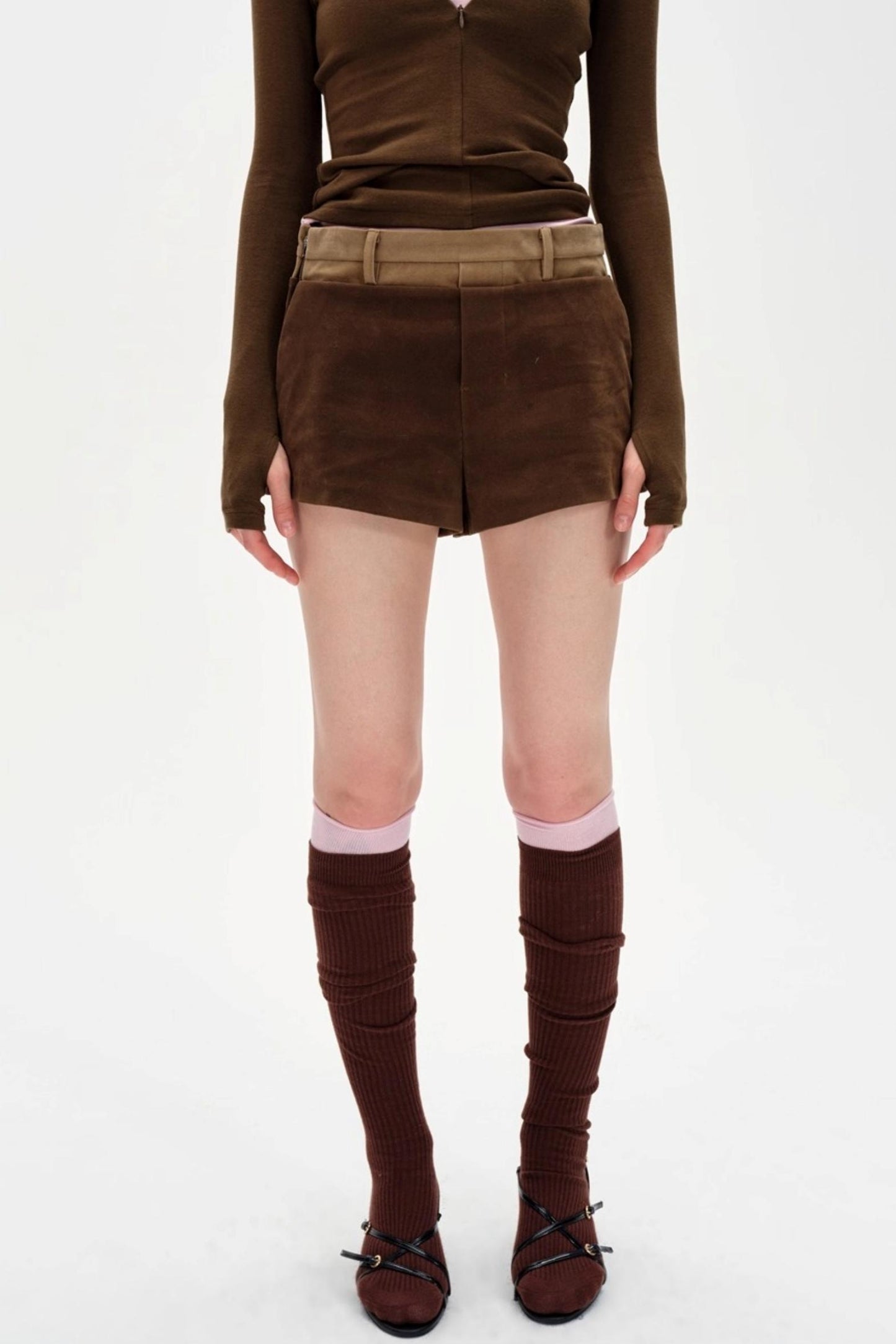 Color-Blocked High-Waisted Suede Shorts