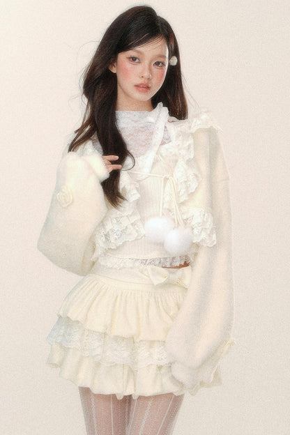 Korean Lace Plush Crop Outer