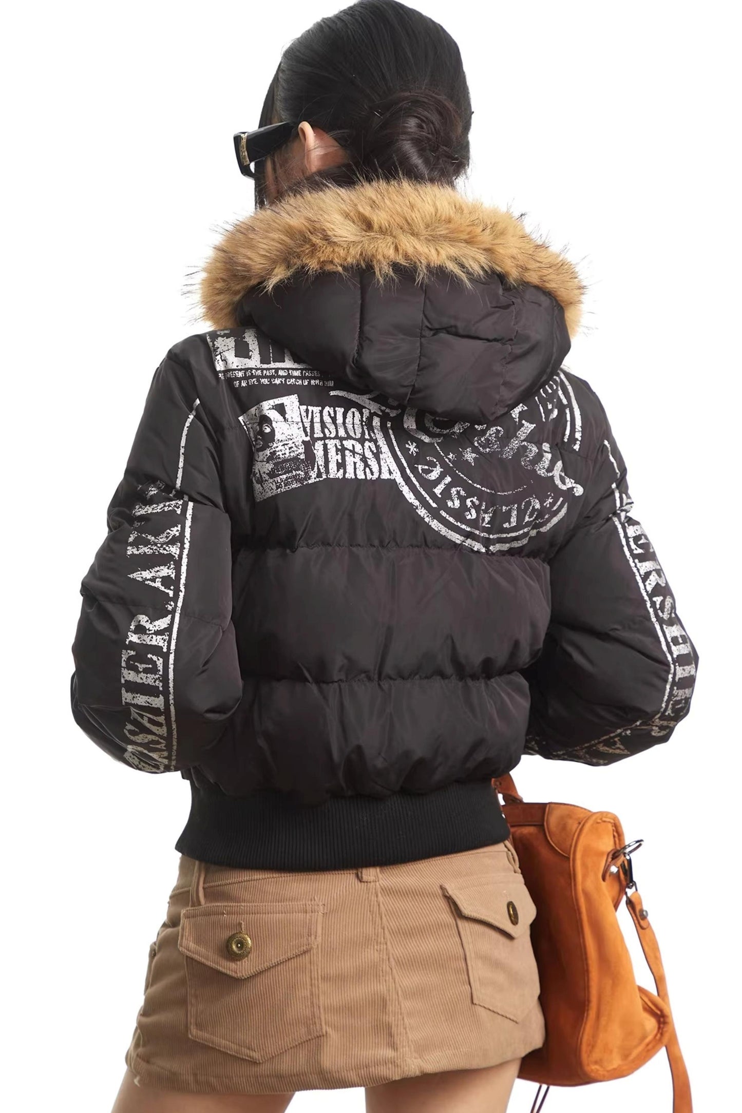 Printed Short Fur Collar Down Jacket