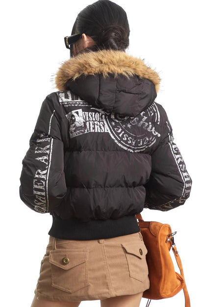 Printed Short Fur Collar Down Jacket