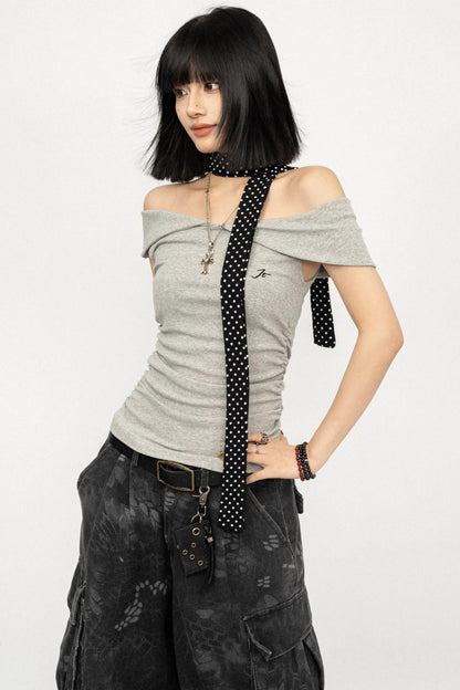 Retro Gray Off-Shoulder Top