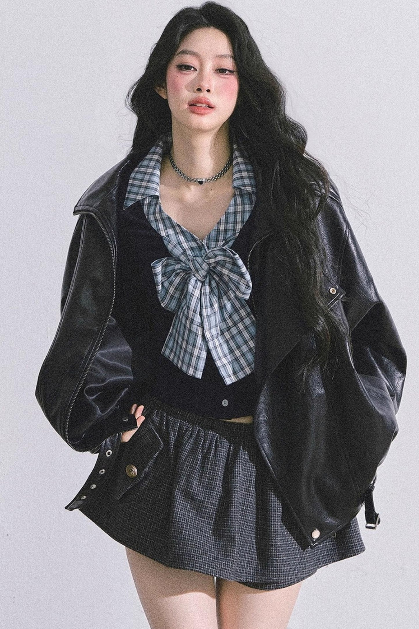 American Long-Sleeved Bow Plaid T-Shirt