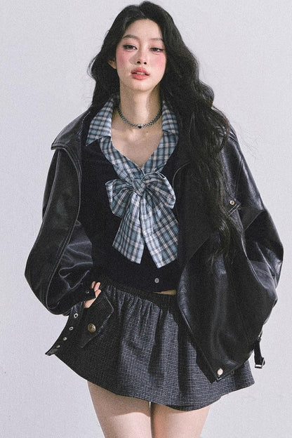 American Long-Sleeved Bow Plaid T-Shirt