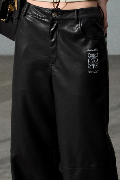 Retro Print Wide-leg Leather Pants