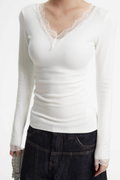 White Lace-Trimmed V-Neck Top