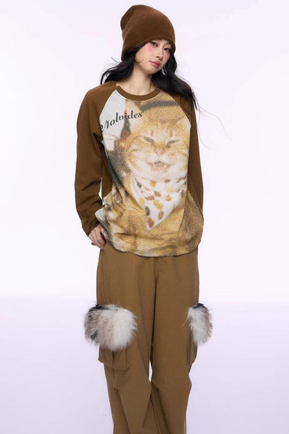 Cat Print Raglan Knit Top