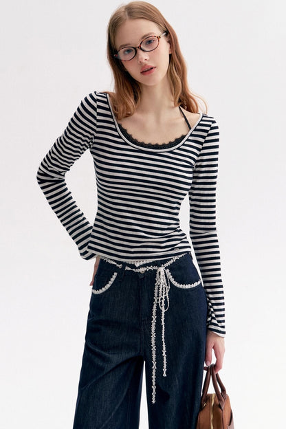 Lace Panel Bow Wide-Leg Jeans