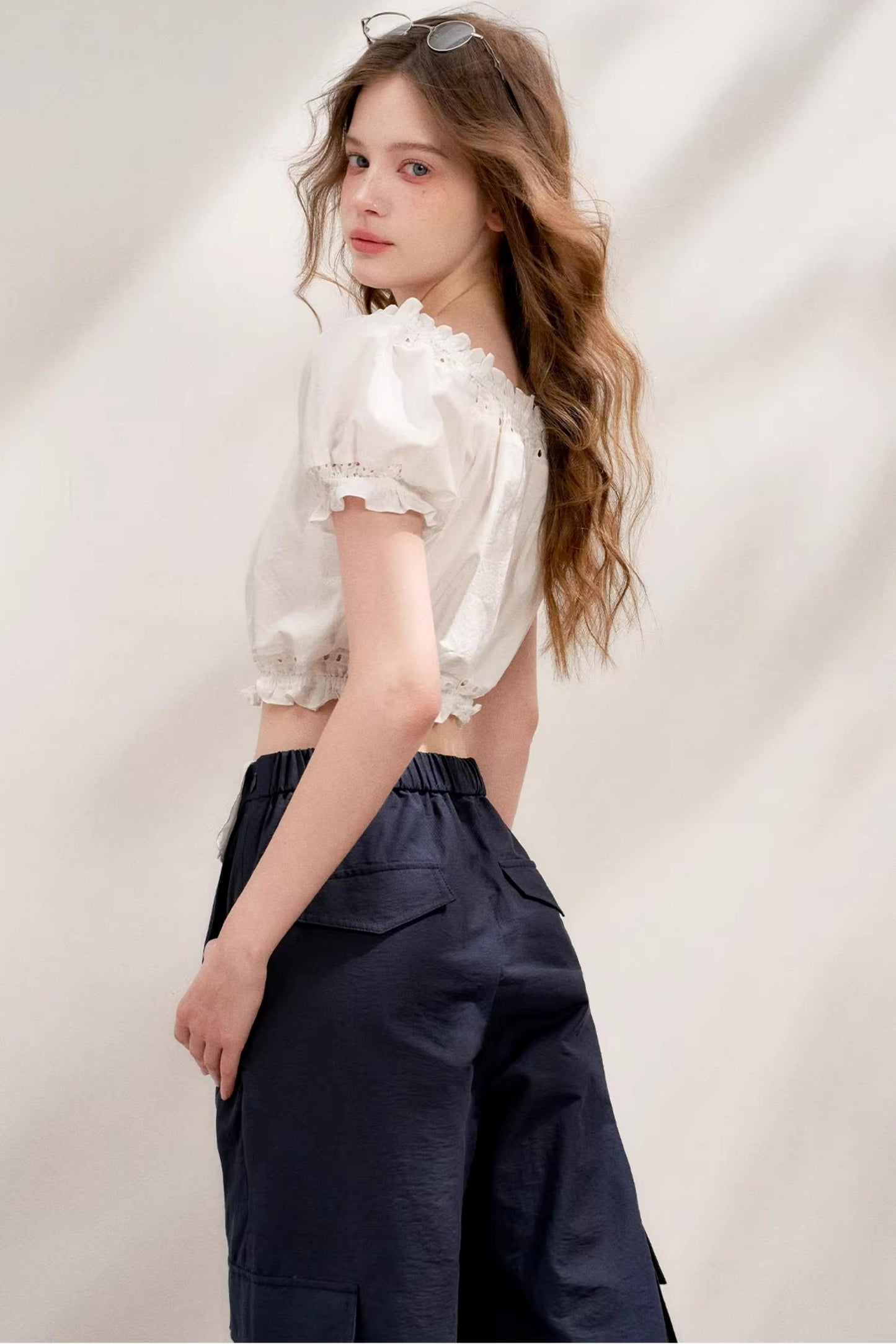 Colorblock Cotton Lace Wide Leg Pants