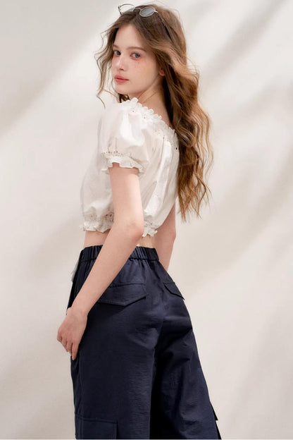 Colorblock Cotton Lace Wide Leg Pants