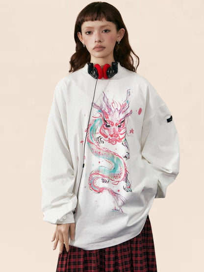 Round Neck Dragon Motif Loose Casual Sweater