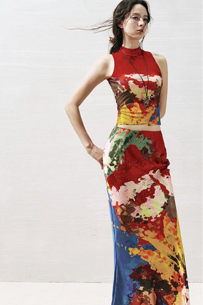 Artistic Contrast Vest Skirt Set