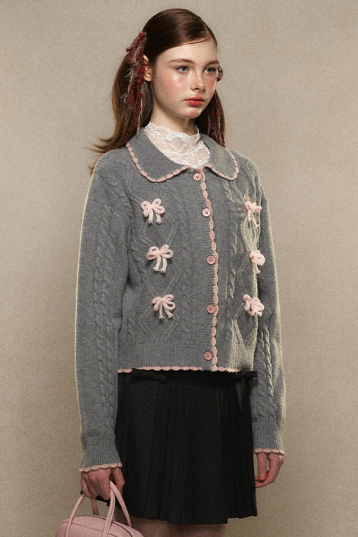 Pink Bow Knot Knit Cardigan Sweater Irregular Suspender Dress main image 1