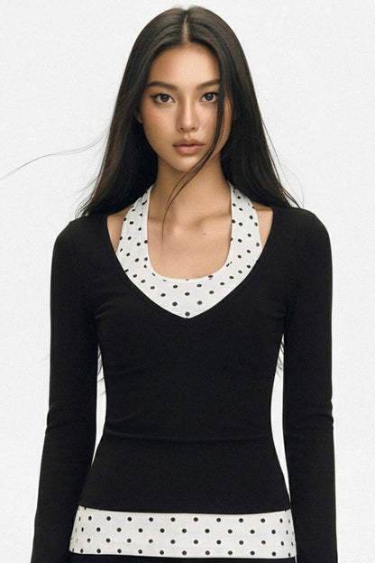 Polka Dot V-Neck Layered T-Shirt Set