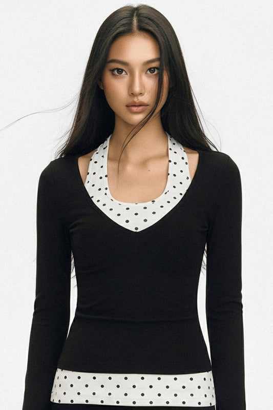 Polka Dot V-Neck Layered T-Shirt Set