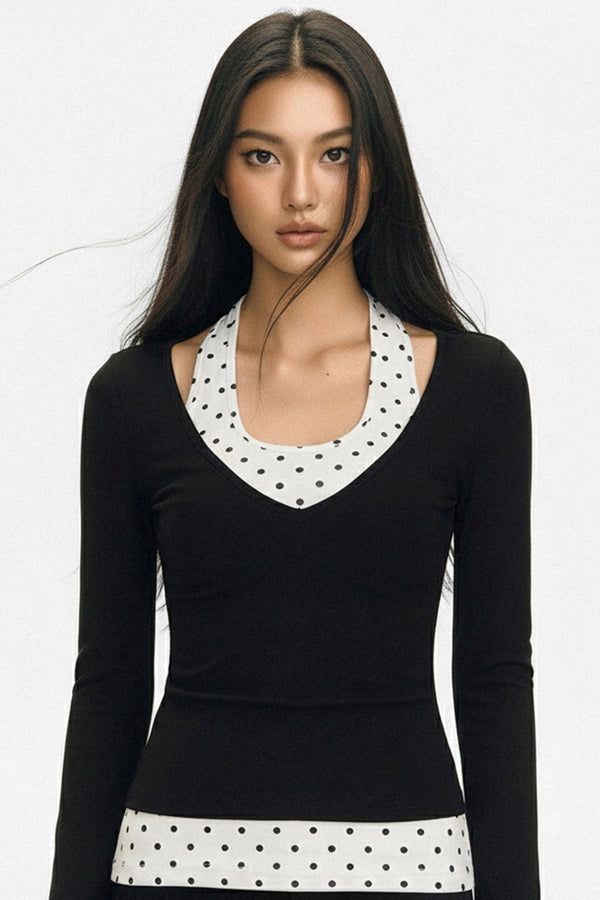 Polka Dot V-Neck Layered T-Shirt Set