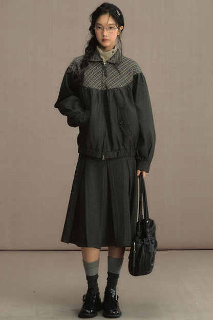 Retro Gray Plaid Cropped Jacket Set-Up