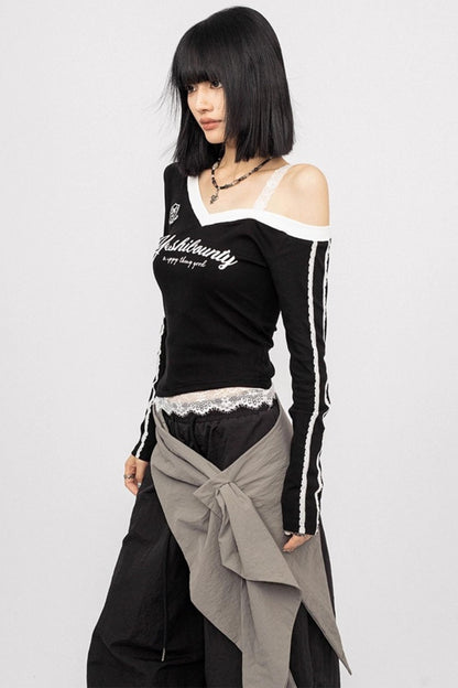 Lace Stitching Off-the-Shoulder Long Sleeve Top