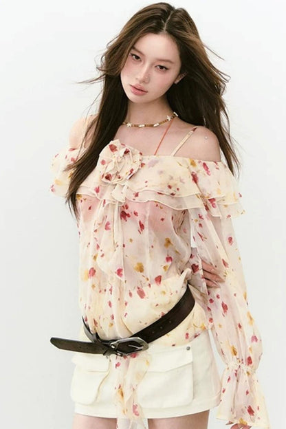 Elegant Floral Off-Shoulder Chiffon Top Set-Up