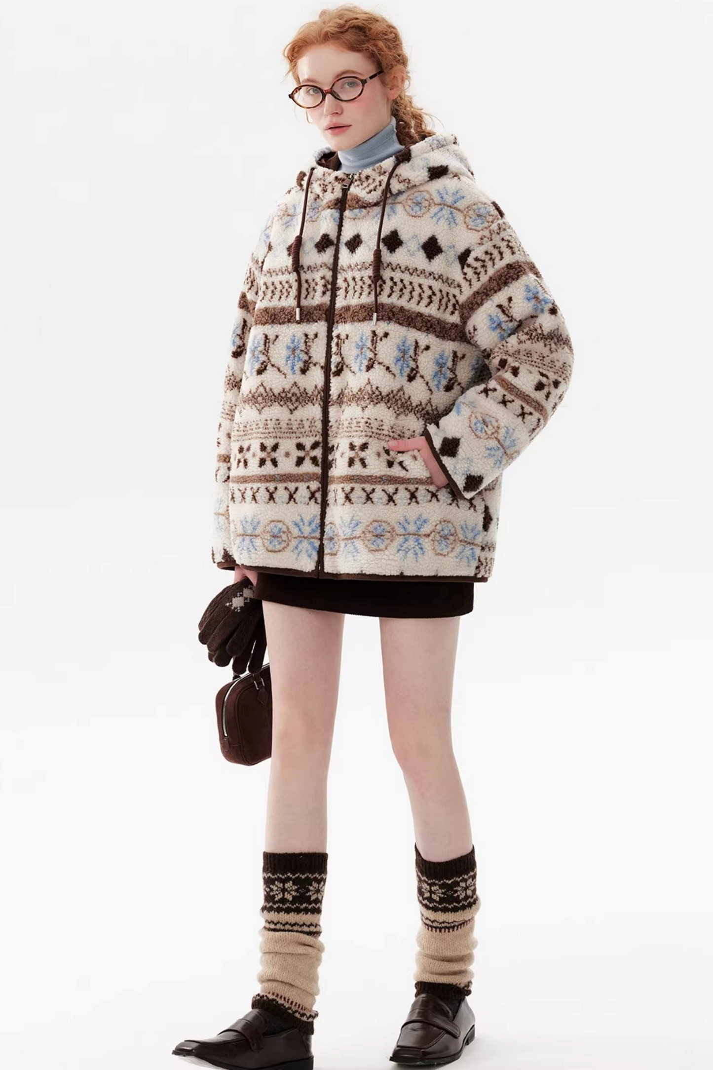 Scandinavian Snowflake Wool Hooded Coat