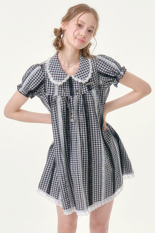 Retro Plaid Doll Collar Lace Dress