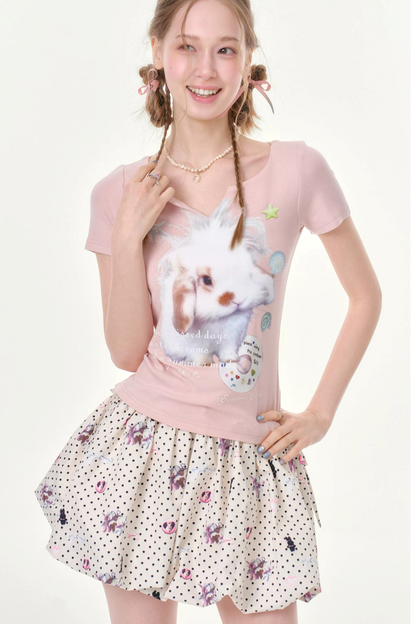Fuzzy Pink Rabbit Print T-Shirt