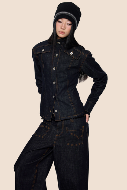 Wide-Shoulder Denim Jacket Set-Up