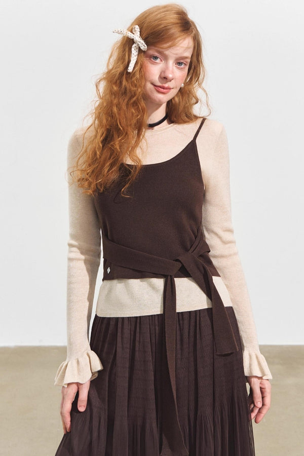 Fake Two Contrasting Lace-Up Top