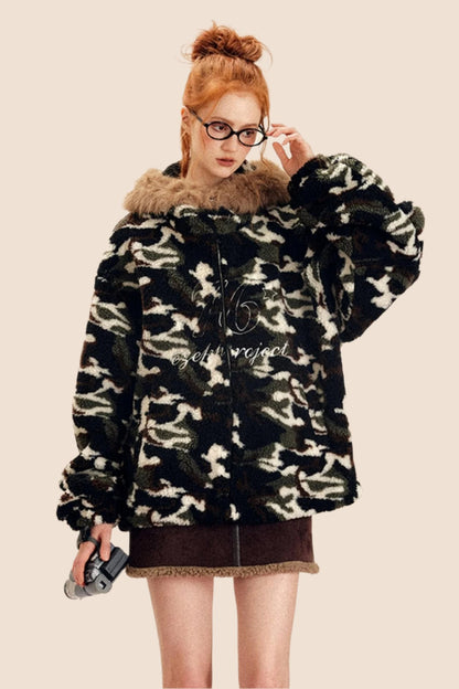 EZEK AMERICAN RETRO FUR COLLAR HOODED CAMOUFLAGE LAMB WOOL COAT WOMEN'S FLEECE THICKENED AUTUMN AND WINTER NEW COTTON CLOTHING TIDE