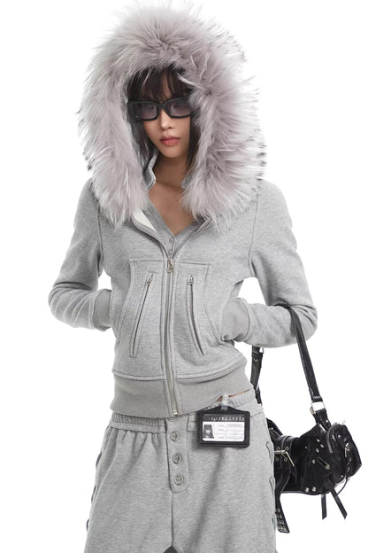 Korean Fur Collar Hooded Jacket Set-Up