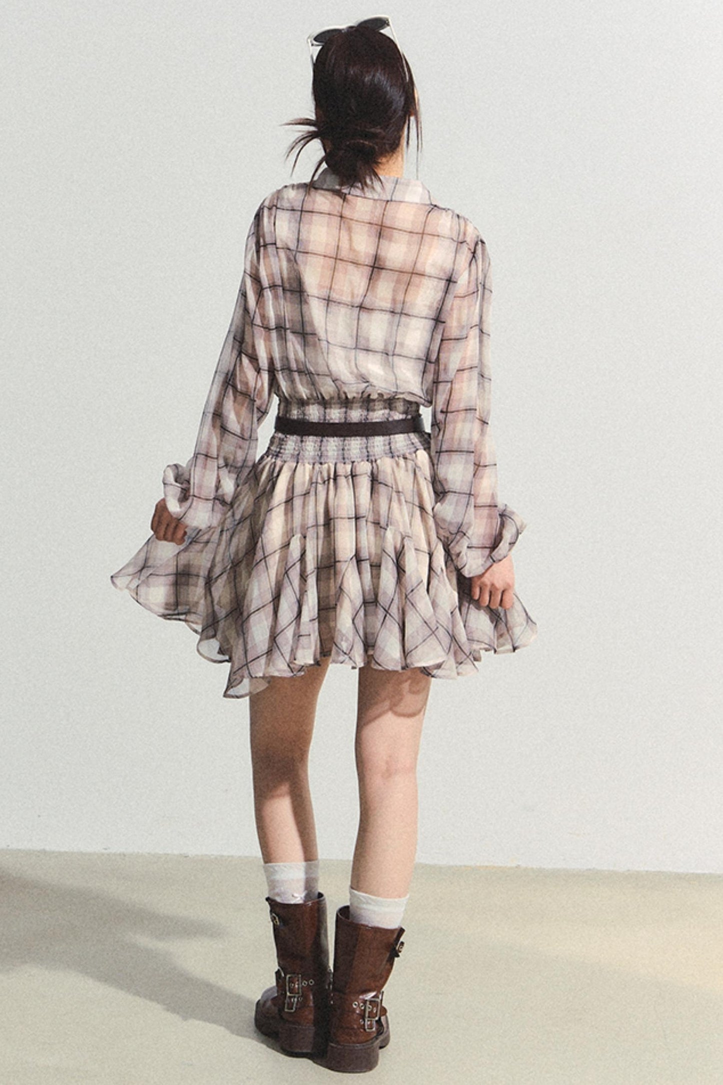 Recoin Sheer Plaid Ruffle A-Line Dress