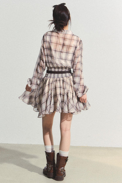 Recoin Sheer Plaid Ruffle A-Line Dress