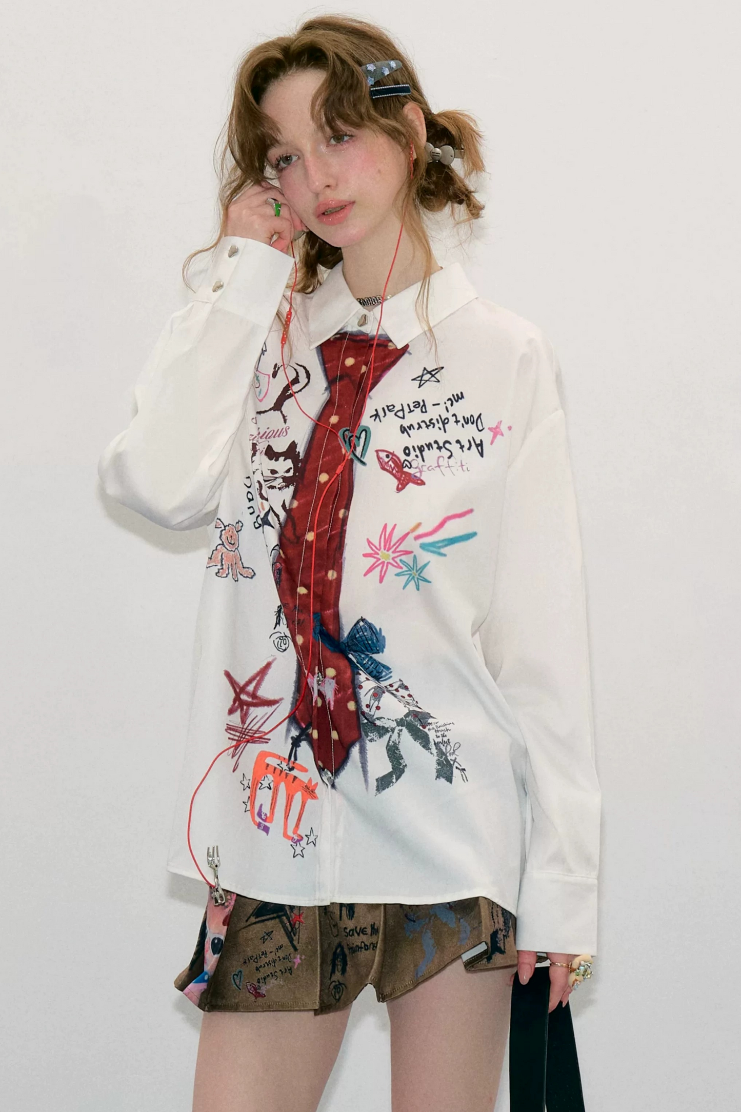 White Tie Print Long Sleeve Shirt