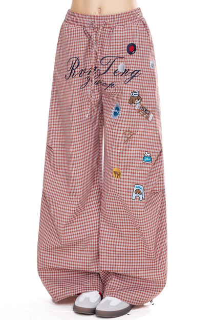 체크 레트로 와이드 레그 팬츠