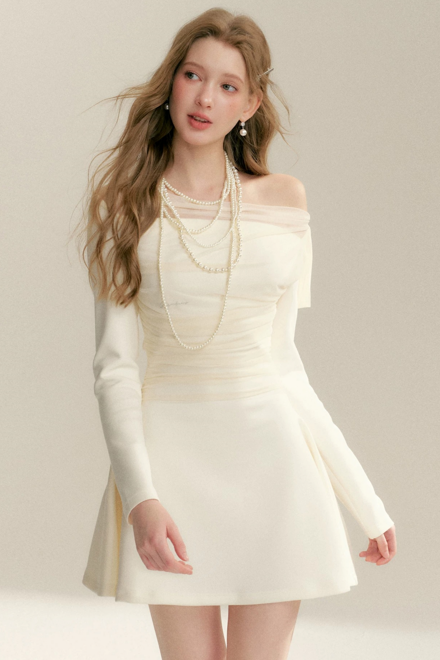Pleated Tulle Bow Long-Sleeve Dress