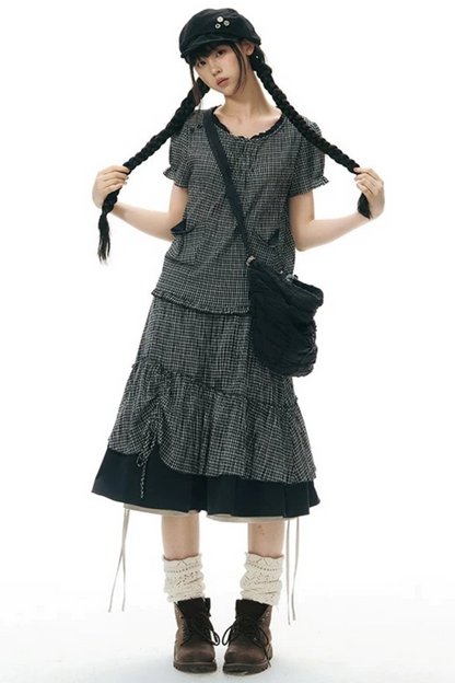 Conjunto de camisa y falda de cuadros con tapeta con volantes