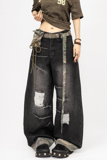 American Vintage Camouflage Ripped Loose Floor-Length Pants