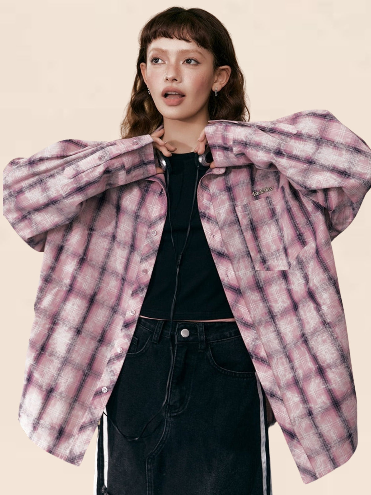 Pink Checked Loose Casual Shirt