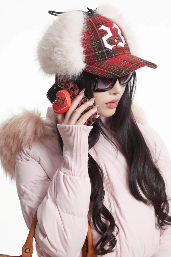 Red Plaid Plush Cap