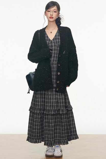 Gray Colored Sweater Cardigan Dress Set-Up