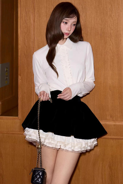 Velvet Patchwork Long-Sleeve Shirt Set-Up