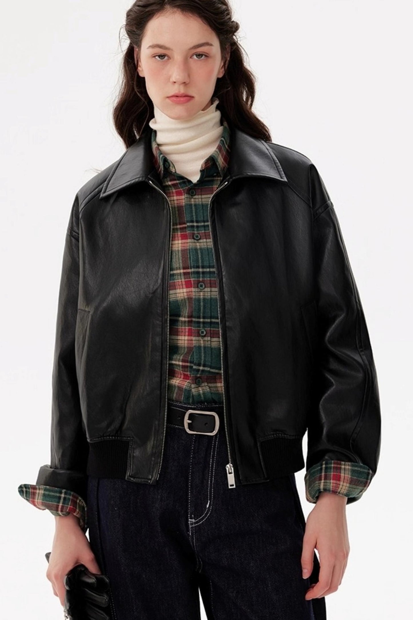 Black Lapel Short Leather Jacket