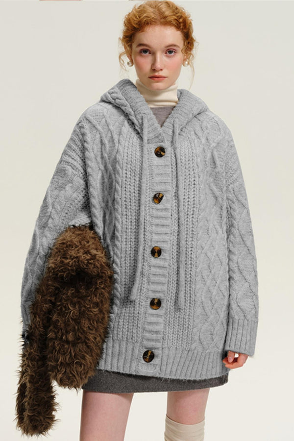 Apricot Hooded Twist Knit Cardigan