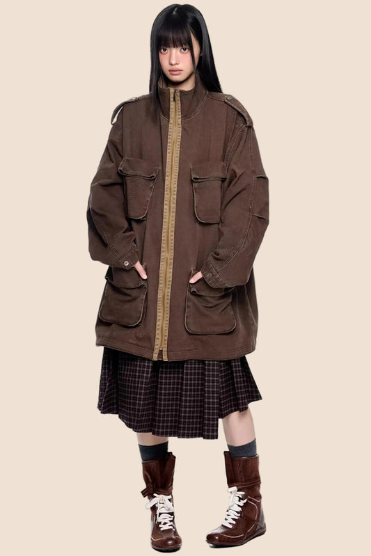 Vintage Contrast Color Pocket Long Workwear Jacket