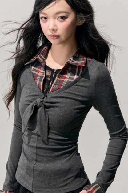 Knitted Plaid Slimming Top
