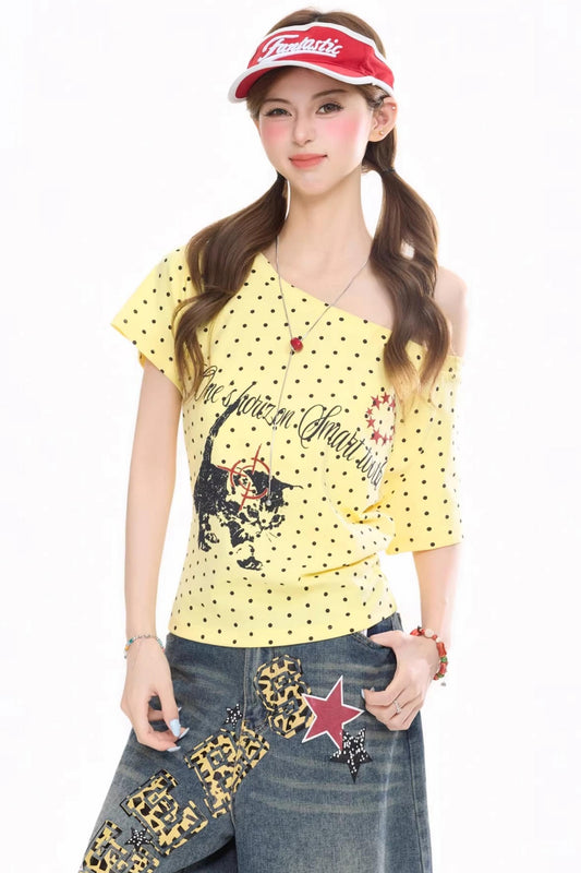 Polka Dot Kitten Print Top
