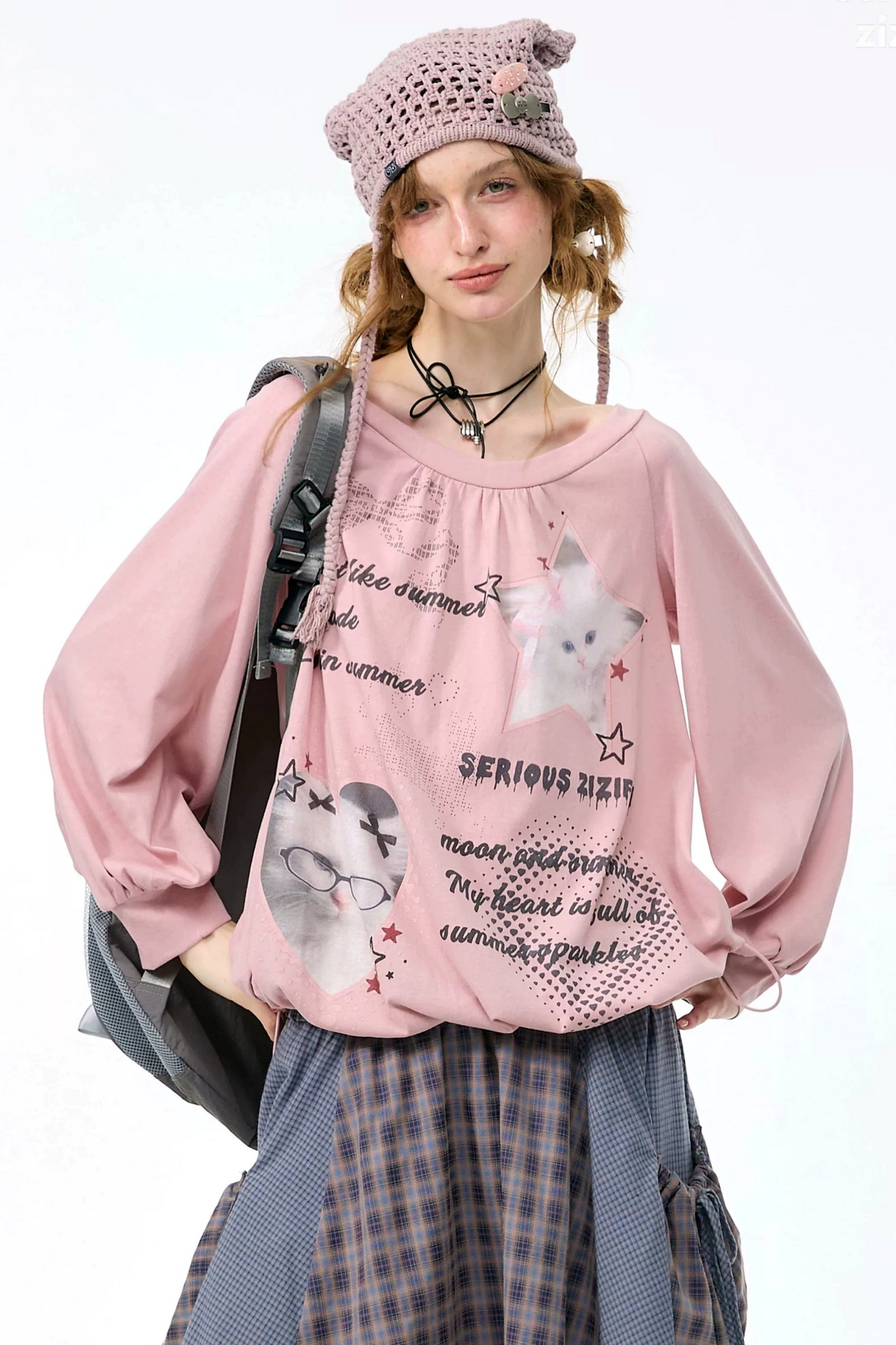 Pink Cat Print Lantern Sleeve Top